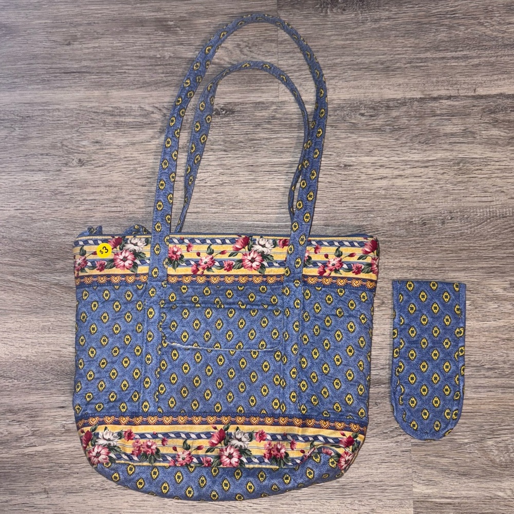 Blue and Yellow Quilted Tote Bad with Glasses Case